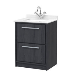 Hudson Reed Lille Floor Standing 2 Drawer Vanity With Marble Top & 1 Tap Hole Basin, Graphite Woodgrain, 878 X 620 mm - thumbnail 1