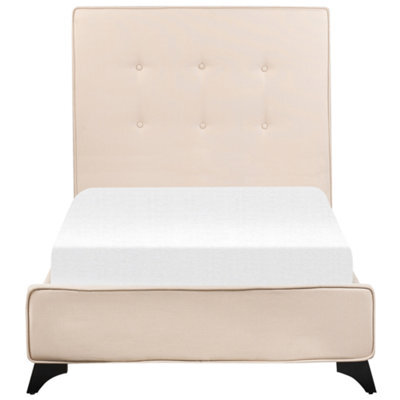 Beliani Beige Upholstered Bed Frame 90 X 200Cm Eu Single Tufted Headboard Rubberwood Legs Slatted Base - image 1