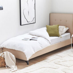 Beliani Beige Upholstered Bed Frame 90 X 200Cm Eu Single Tufted Headboard Rubberwood Legs Slatted Base - thumbnail 2