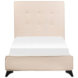 Beliani Beige Upholstered Bed Frame 90 X 200Cm Eu Single Tufted Headboard Rubberwood Legs Slatted Base - thumbnail 1
