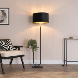Valuelights Tavel Black Floor Lamp With Table And Black Velvet With Gold Inner Lamp Shade