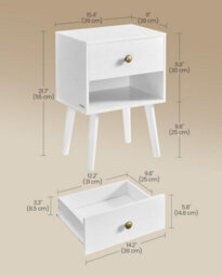 Songmics Vasagle 2-Piece Bedside Table Set, Open Shelf And Drawer, Wooden Legs, Great For Living Room, Bedroom, Or Sofa, Cloud White - thumbnail 2