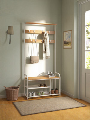 Vasagle Coat Rack Stand, Hall Tree With Bench And Shoe Storage, 9 Removable Hooks, Shoe Rack, Shelf, Oak And White - image 1