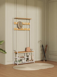 Vasagle Coat Rack Stand, Hall Tree With Bench And Shoe Storage, 9 Removable Hooks, Shoe Rack, Shelf, Oak And White - thumbnail 4