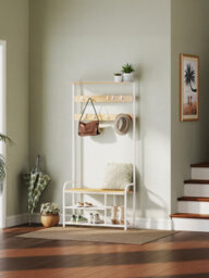 Vasagle Coat Rack Stand, Hall Tree With Bench And Shoe Storage, 9 Removable Hooks, Shoe Rack, Shelf, Oak And White - thumbnail 3