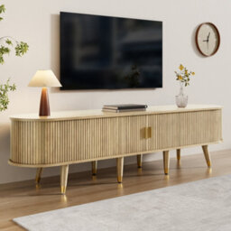 Abrihome Tv Cabinet 175Cm With Sliding Door & Large Storage - Light Wood Country-Style Tv Stand With Open Shelves, Drawers, Mdf - thumbnail 1