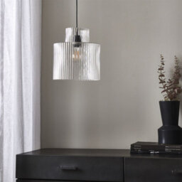 First Choice Lighting Portland - Matt Black With Clear Ribbed Glass Ceiling Pendant - thumbnail 8