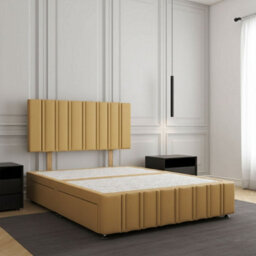 REGIONAL FURNISHINGS Divan Bed Set Mustard Plush Velvet Upholstered 24Inch Headboard & Footboard 2Drawers Footend & No Mattress In 4Ft 4Ft6 5Ft 6Ft - thumbnail 1
