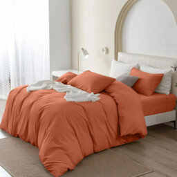 Oxford Homeware Rust Double Plain Dyed Duvet Cover, Fitted Sheet & Pillowcases Set 4 Piece Bed Sets - thumbnail 2
