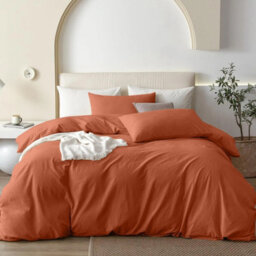 Oxford Homeware Rust Double Plain Dyed Duvet Cover, Fitted Sheet & Pillowcases Set 4 Piece Bed Sets - thumbnail 1