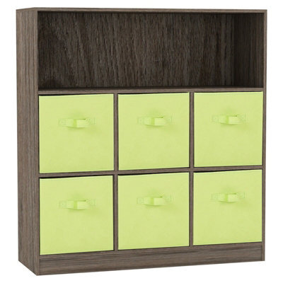Urbn-Living Urbnliving Height 94Cm Wooden Wide Anthracite Oak 7 Cube Bookcase With Green 6 Drawers Baskets Storage Unit Shelves - image 1