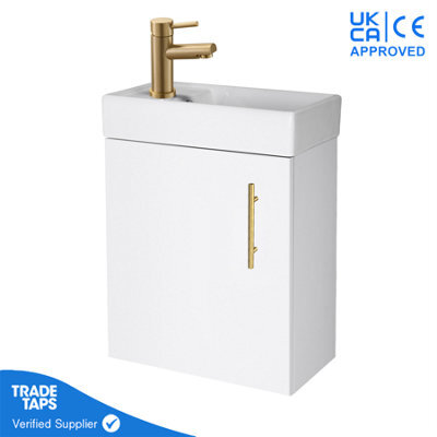 GravaHaus White Gloss Wall Hung Vanity Unit 400mm With Brushed Brass Tap, Waste & Handle - image 1
