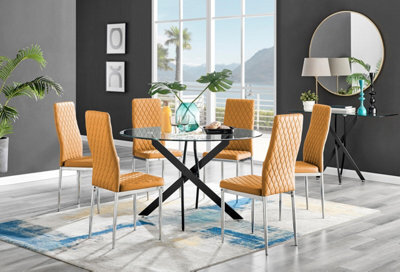 Furniturebox Uk Novara Black Leg 120Cm Round Glass Dining Table & 6 Mustard Milan Chrome Leg Chairs - image 1