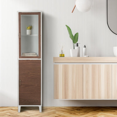 Teamson Home Freestanding Tall Column Bathroom Cabinet With 2 Doors And 3 Shelves, Walnut/white - image 1