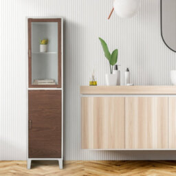 Teamson Home Freestanding Tall Column Bathroom Cabinet With 2 Doors And 3 Shelves, Walnut/white
