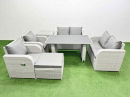 Fimous 7 Pieces Outdoor Pe Rattan Sofa Reclining Chair Set With Cushions Side Table Big Stool Light Grey - thumbnail 2