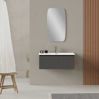 Banyetti Linea Matt Grey Ribbed Wall Hung Vanity Unit 800mm X 390mm - image 1