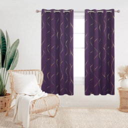 Deconovo Eyelet Curtains, Blackout Thermal Insulated Gold Wave Foil Printed Curtains, W52 X L84 Inch, Purple Crape, One Pair - thumbnail 2