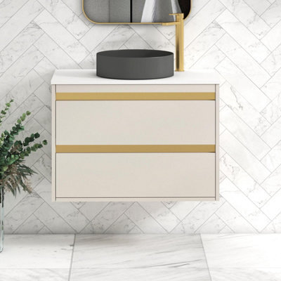 Royal Bathrooms Orion 800mm Warm Taupe Wall Hung Plain White Countertop Vanity Unit 2 Drawer With Art Round Basin & Brushed Brass Accent Trim - image 1