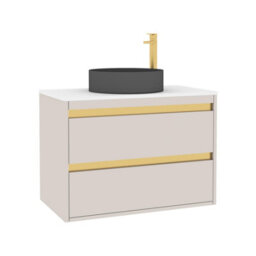Royal Bathrooms Orion 800mm Warm Taupe Wall Hung Plain White Countertop Vanity Unit 2 Drawer With Art Round Basin & Brushed Brass Accent Trim - thumbnail 6