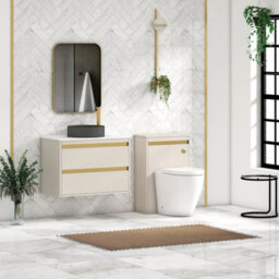 Royal Bathrooms Orion 800mm Warm Taupe Wall Hung Plain White Countertop Vanity Unit 2 Drawer With Art Round Basin & Brushed Brass Accent Trim - thumbnail 3