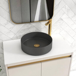 Royal Bathrooms Orion 800mm Warm Taupe Wall Hung Plain White Countertop Vanity Unit 2 Drawer With Art Round Basin & Brushed Brass Accent Trim - thumbnail 5