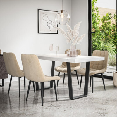More4Homes Aria Dining Table And Chairs -  White Marble Effect Table Top W Black Legs + Nova Velvet Dining Chair Set Of 4 (Beige) - image 1