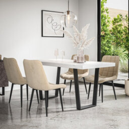 More4Homes Aria Dining Table And Chairs -  White Marble Effect Table Top W Black Legs + Nova Velvet Dining Chair Set Of 4 (Beige) - thumbnail 1