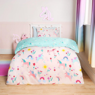 OHS Unicorn Quilt Cover Duvet Pillowcase Magic Rainbow Bedding Set, Pink - Single - image 1