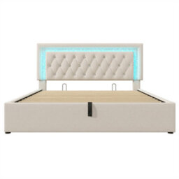 Abrihome 5Ft Upholstered Bed With Adjustable Sparkle Headboard, Usb Charging & Hydraulic Storage, Beige - thumbnail 8