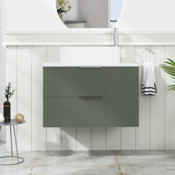 Royal Bathrooms Evora 800mm Sage Green Fluted Wall Hung Countertop Vanity Unit 2 Drawer With Peak Basin - thumbnail 1