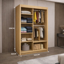 Oslo Wardrobe With Rails & Shelves Sliding Door Wardrobe ( Oak, 150 Cm ) - thumbnail 3