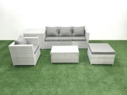 Fimous 5 Pieces Rattan Garden Furniture Set Outdoor Garden Sofa Chair Coffee Table Set Side Table Big Stool Light Grey - thumbnail 1