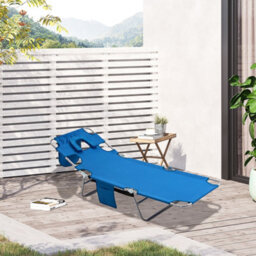 Outsunny Sun Lounger With Reading Hole, Folding Garden Lounger, Blue - thumbnail 1