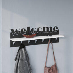 Decortie Modern Welcome Letter Wall Hanger White Metal 7 Metal Hooks Hanging Shelf Rack Hotels, Hallway, Bedroom (Black) - thumbnail 4