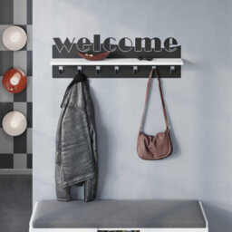 Decortie Modern Welcome Letter Wall Hanger White Metal 7 Metal Hooks Hanging Shelf Rack Hotels, Hallway, Bedroom (Black) - thumbnail 1