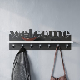 Decortie Modern Welcome Letter Wall Hanger White Metal 7 Metal Hooks Hanging Shelf Rack Hotels, Hallway, Bedroom (Black) - thumbnail 6
