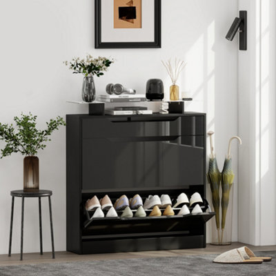 Homcom Shoe Cabinet With 3 Drawers, High Gloss Front Panels, Glass Top Black - image 1