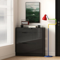 Homcom Shoe Cabinet With 3 Drawers, High Gloss Front Panels, Glass Top Black - thumbnail 8