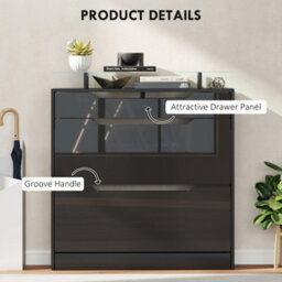 Homcom Shoe Cabinet With 3 Drawers, High Gloss Front Panels, Glass Top Black - thumbnail 6