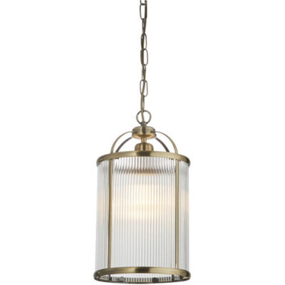 Loops Hanging Ceiling Pendant Light - Antique Brass Plate & Clear Ribbed Glass - 10W Led E27 - image 1