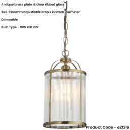 Loops Hanging Ceiling Pendant Light - Antique Brass Plate & Clear Ribbed Glass - 10W Led E27 - thumbnail 2