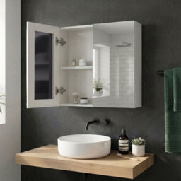 Wyld And Coco Novahome White Plywood Mirror Cabinet 60 X 60 Cm, Wall-Mounted, 2 Doors, 2 Shelves - thumbnail 2