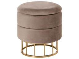 Wyld And Coco Round Storage Pouffe In Taupe Velvet With Gold Base, W37 X D37 X H42Cm - thumbnail 1