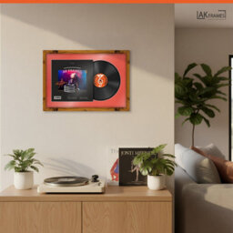 "AK Frames 25X17"" Rustic Oak Modern Vinyl Record Frame With Poppy Red Mount For 12 Inch Lp Cover & Disc - Overlapped Design" - thumbnail 5