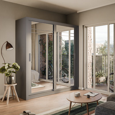 Arte Lux Viii - Modern Grey Two Mirrored Sliding Door Wardrobe (H2150mm W2030mm D610mm) With Shelves - image 1