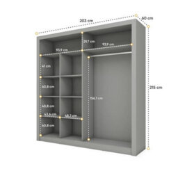 Arte Lux Viii - Modern Grey Two Mirrored Sliding Door Wardrobe (H2150mm W2030mm D610mm) With Shelves - thumbnail 4