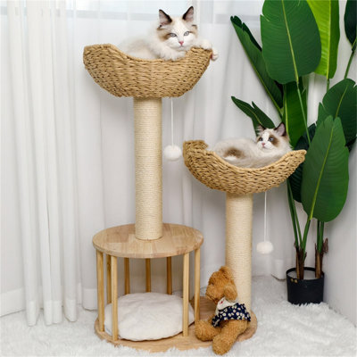 Bingopaw Solid Wood Cat Scratching Post Cat Tree Tower Kitten Condo, Embrace Basket Noon Break,60X40X99Cm - image 1
