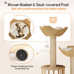 Bingopaw Solid Wood Cat Scratching Post Cat Tree Tower Kitten Condo, Embrace Basket Noon Break,60X40X99Cm - thumbnail 8