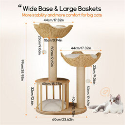 Bingopaw Solid Wood Cat Scratching Post Cat Tree Tower Kitten Condo, Embrace Basket Noon Break,60X40X99Cm - thumbnail 5